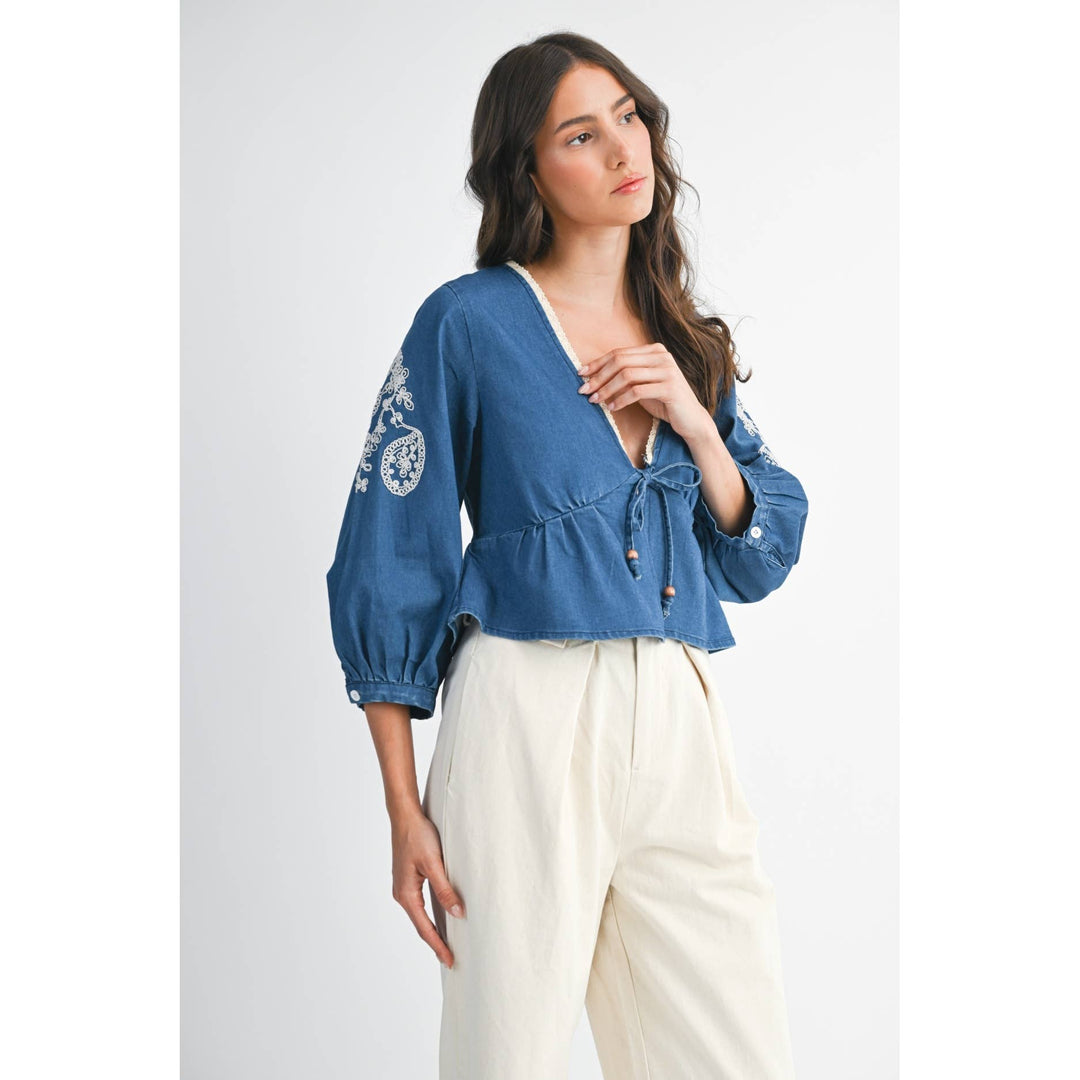 Denim Embroidered Cropped Peasant Blouse