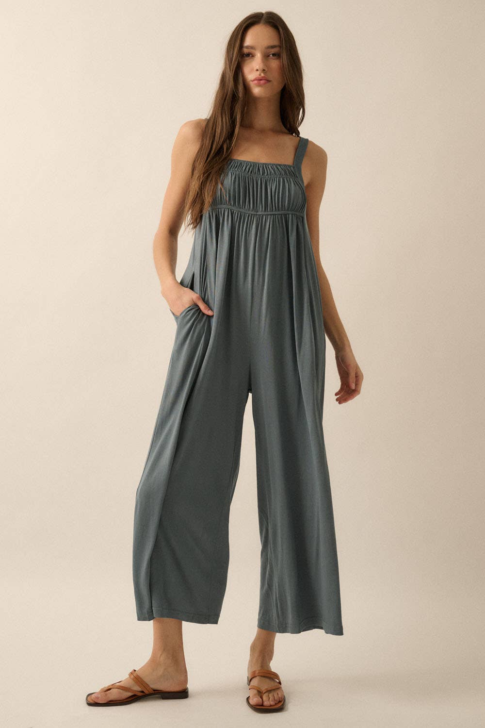 Solid Modal Knit Wide-Leg Cropped Jumpsuit