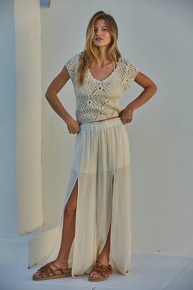 Crochet Knit Cotton V Neck Sweater