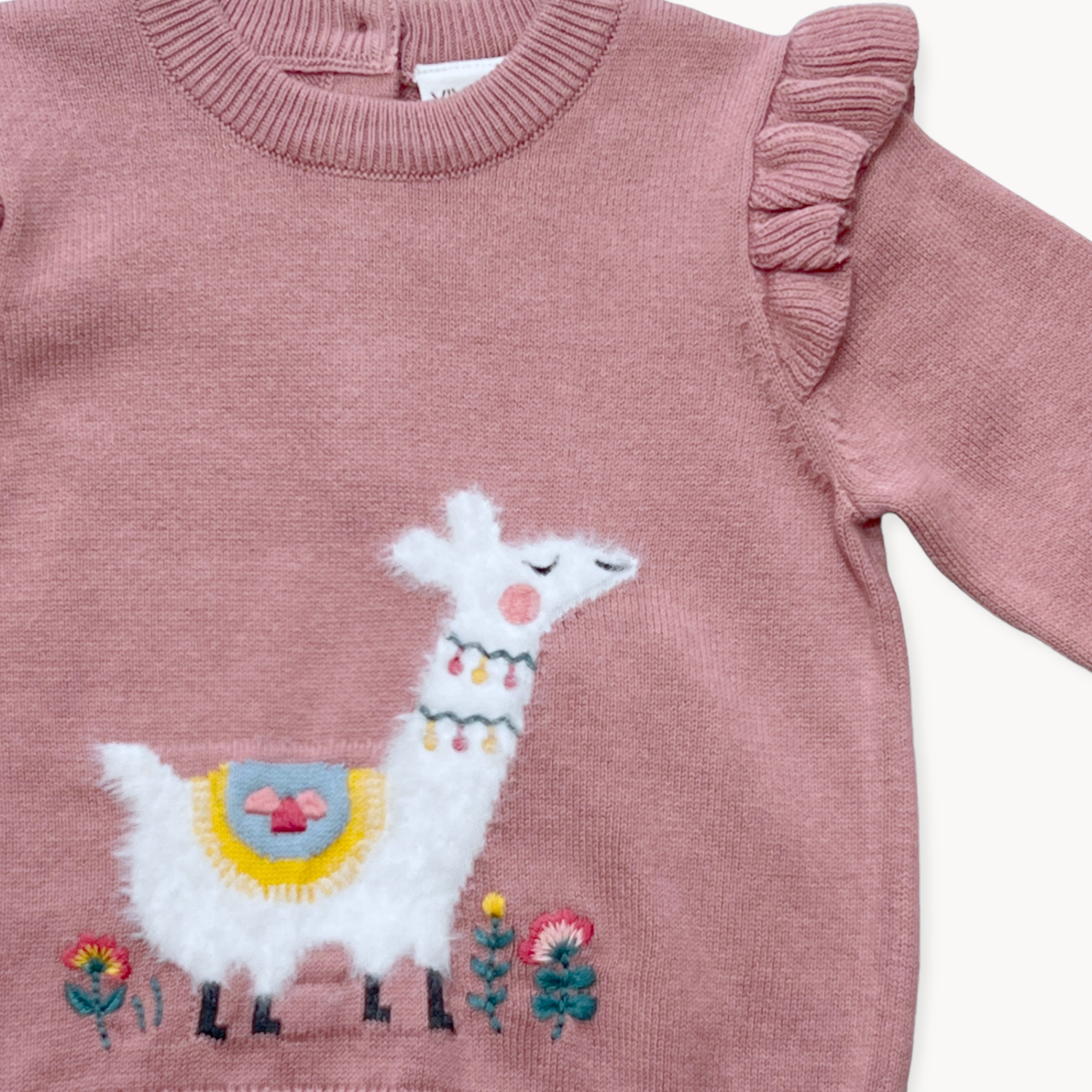 Viverano Organics Llama Ruffle Baby Girl Pullover Sweater (Organic Cotton): 12-18 / Vintage Rose - Simple Good