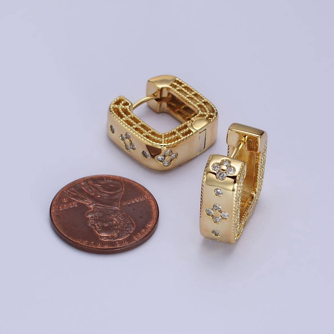 24K Gold Filled Square Huggies with Clear Quatrefoil Cubic Zirconia Inlay