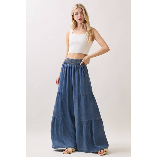 Denim Tencel Tiered Wide Leg Pants