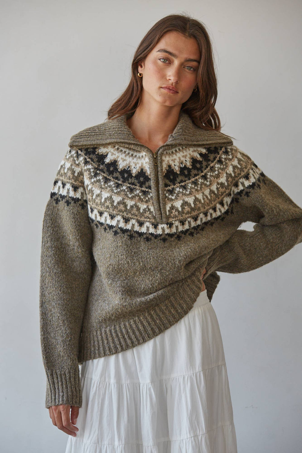 Fair Isle Half Zip Up Pullover Sweater