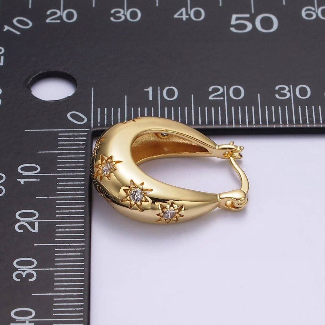 16K Gold Filled Oblong Dome Latch Hoop Earrings With Celestial Cubic Zirconia