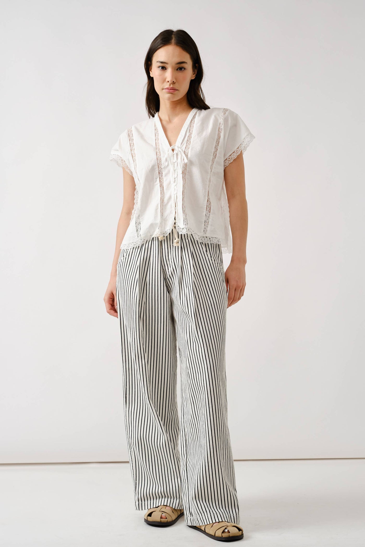 Off White & Black Striped Wide Leg Denim with Rope Belt