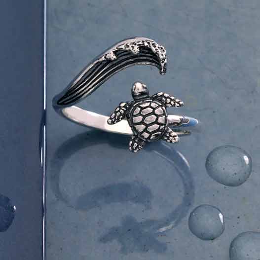 Sterling Silver Sea Turtle & Wave Adjustable Ring