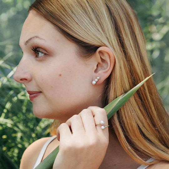 Sterling Silver Three Pearl Post Earrings