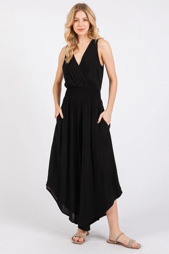 Black Smocked Waist Jumpsuit