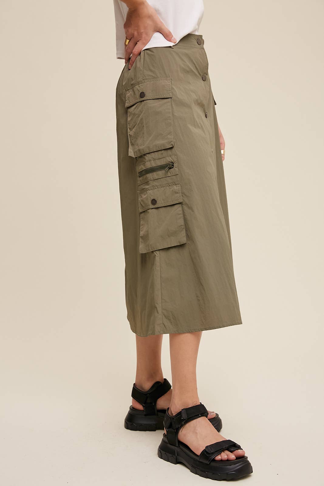 Parachute Button-Front Cargo Midi Skirt