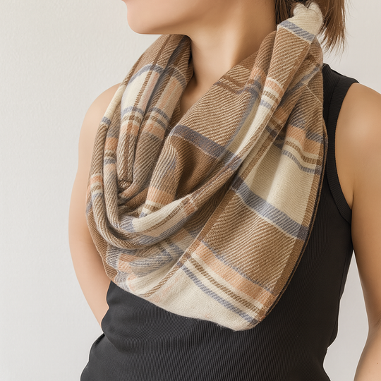 Brown Pink and Blue Plaid Infinity Scarf with Zipper Pocket