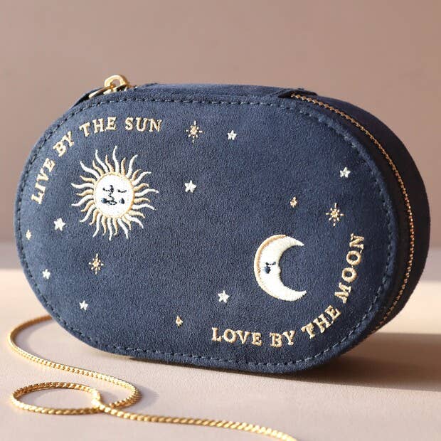 Lisa Angel Sun and Moon Embroidered Oval Jewelry Case in Navy - Simple Good