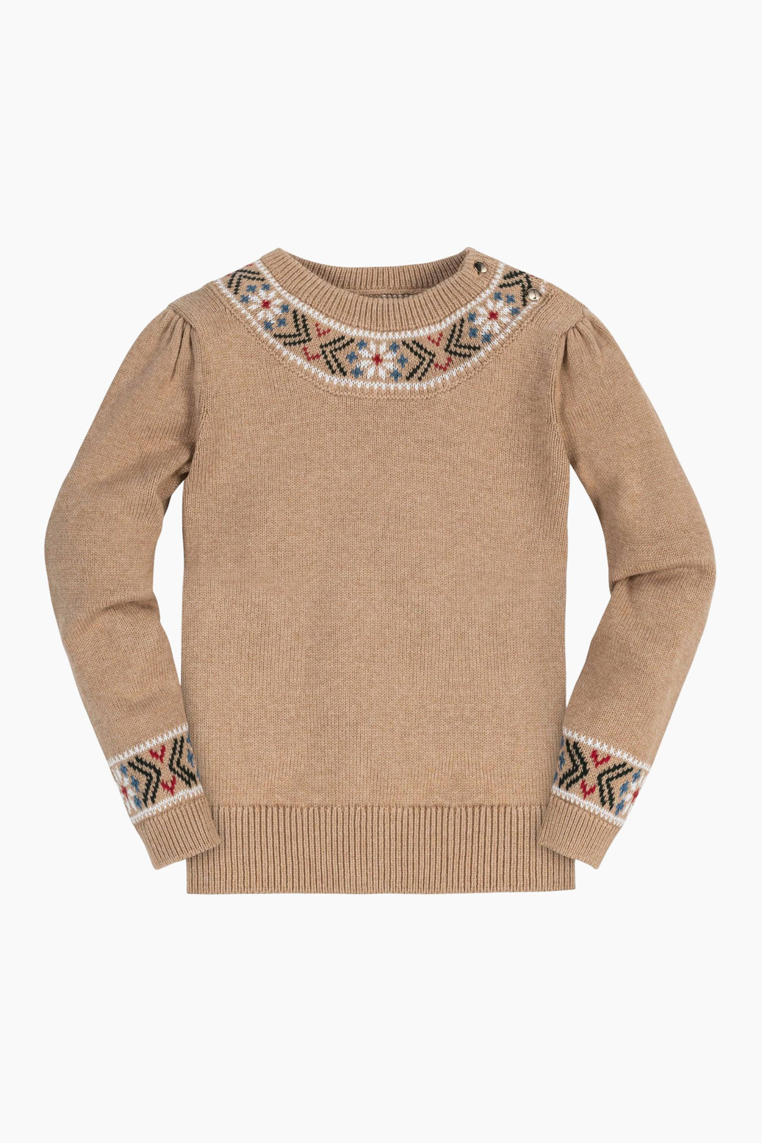 Beige sweater with patterned collar and cuffs on a white background