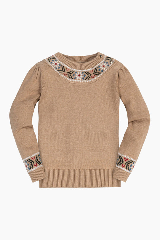 Beige sweater with patterned collar and cuffs on a white background