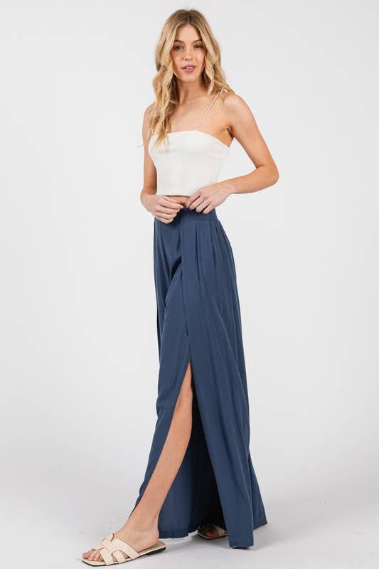 Solid Front Slit Wide Leg Pants