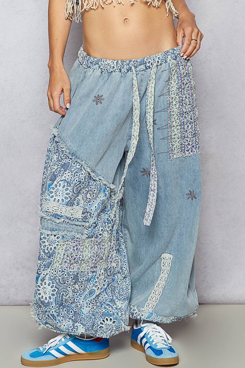 Floral Print Patchwork Twill Joggers