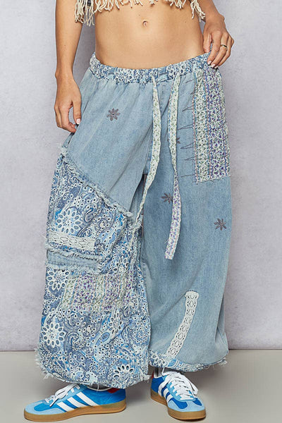 Floral Print Patchwork Twill Joggers
