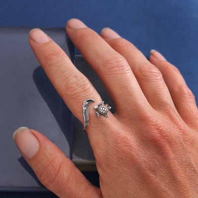 Sterling Silver Sea Turtle & Wave Adjustable Ring