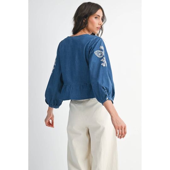 Denim Embroidered Cropped Peasant Blouse