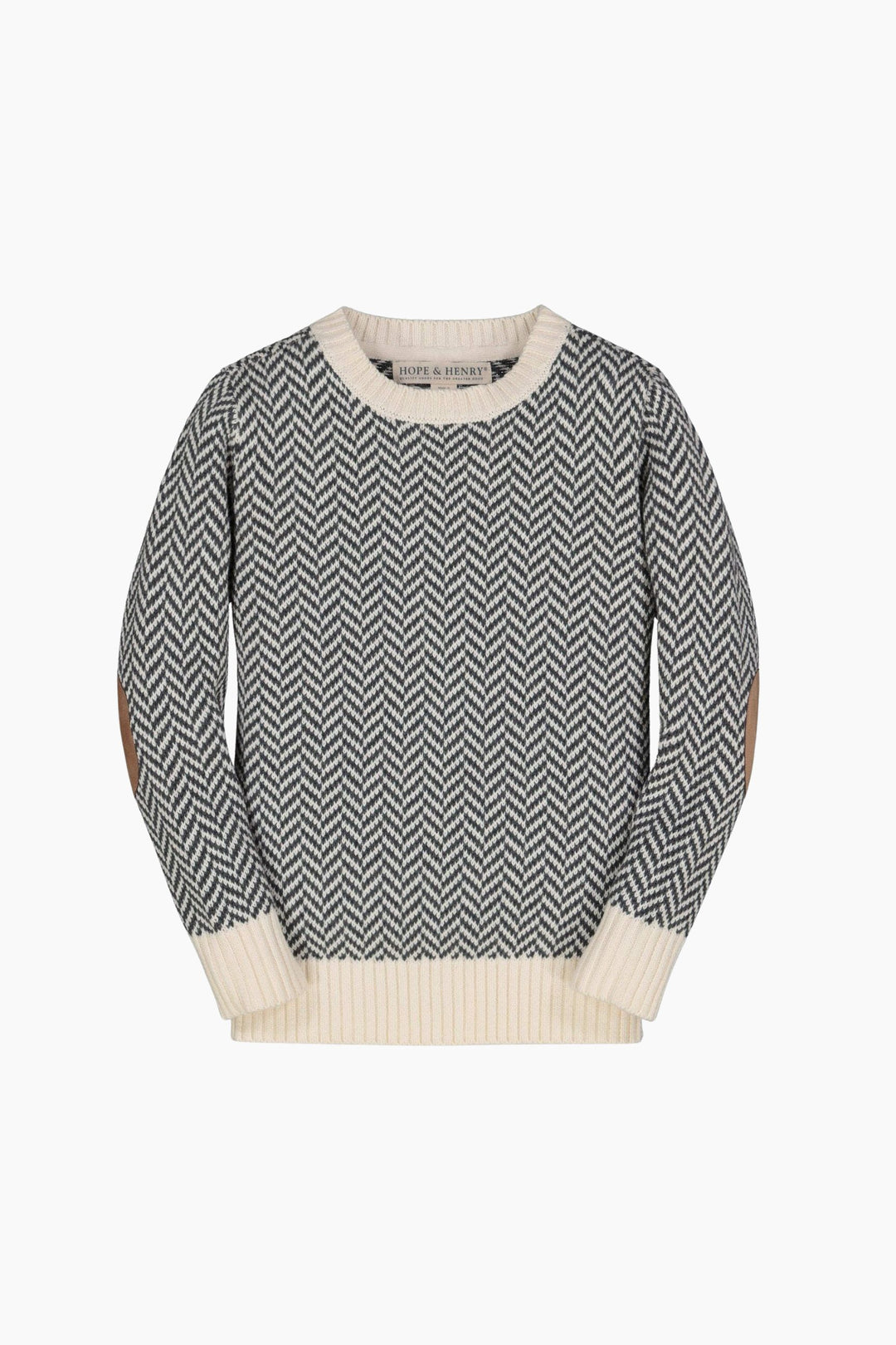 Gray and white patterned sweater with beige accents on a white background