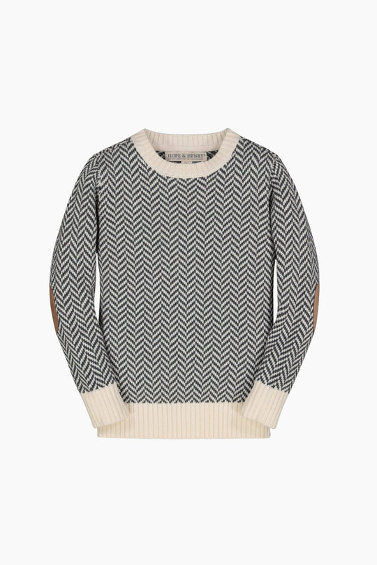Gray and white patterned sweater with beige accents on a white background