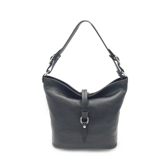 Black leather handbag with a shoulder strap on a white background
