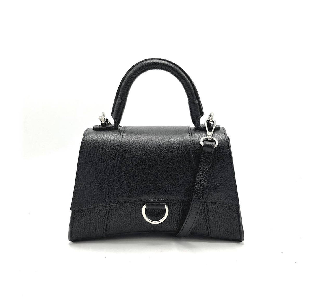 Black handbag with a silver clasp on a white background