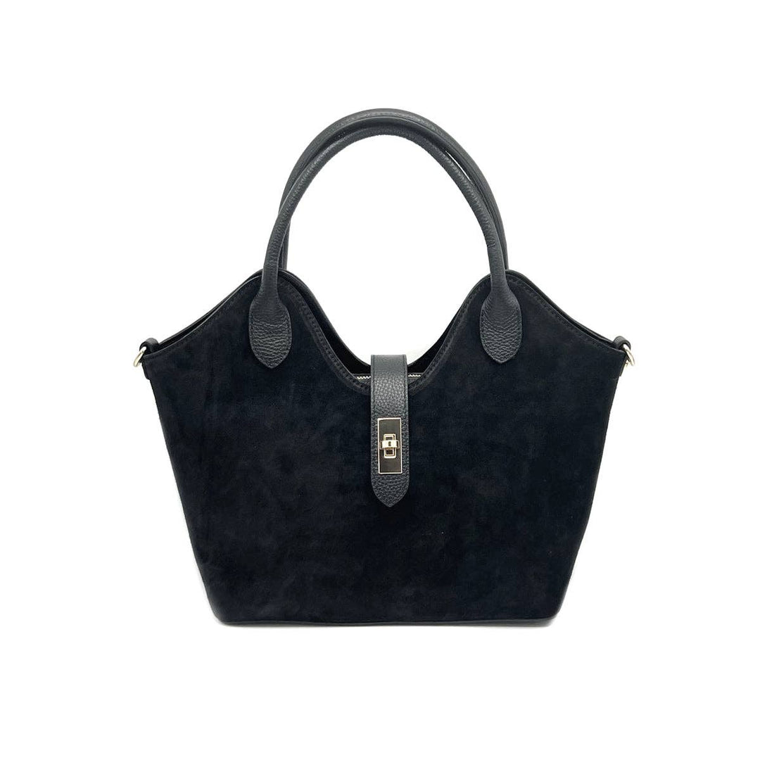 Black handbag with a strap on a white background