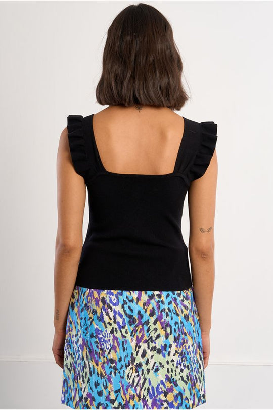 Black Ruffle Tank with Buttons