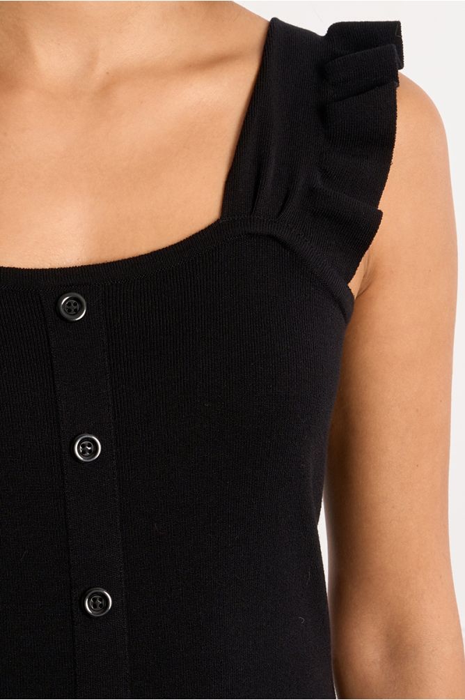 Black Ruffle Tank with Buttons