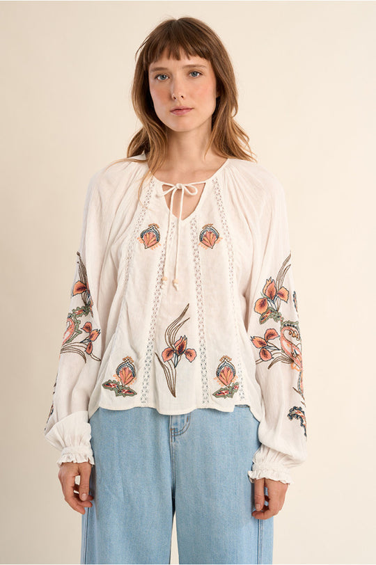 Embroidered Orchid Cotton Blouse