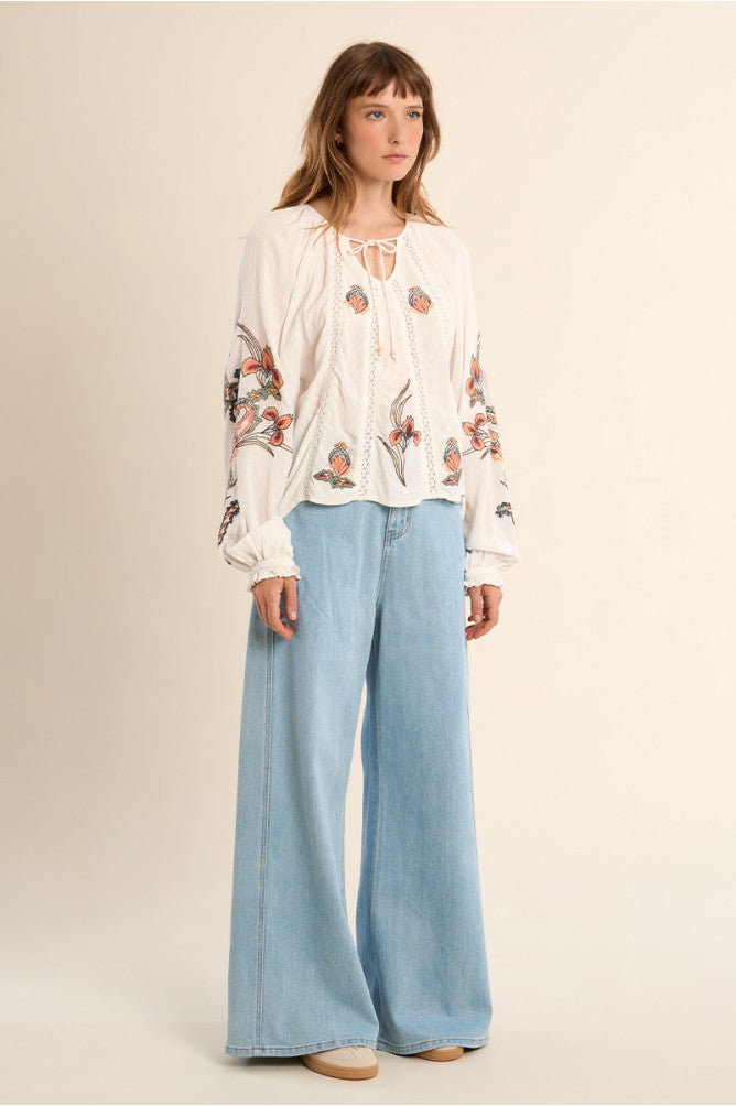 Embroidered Orchid Cotton Blouse