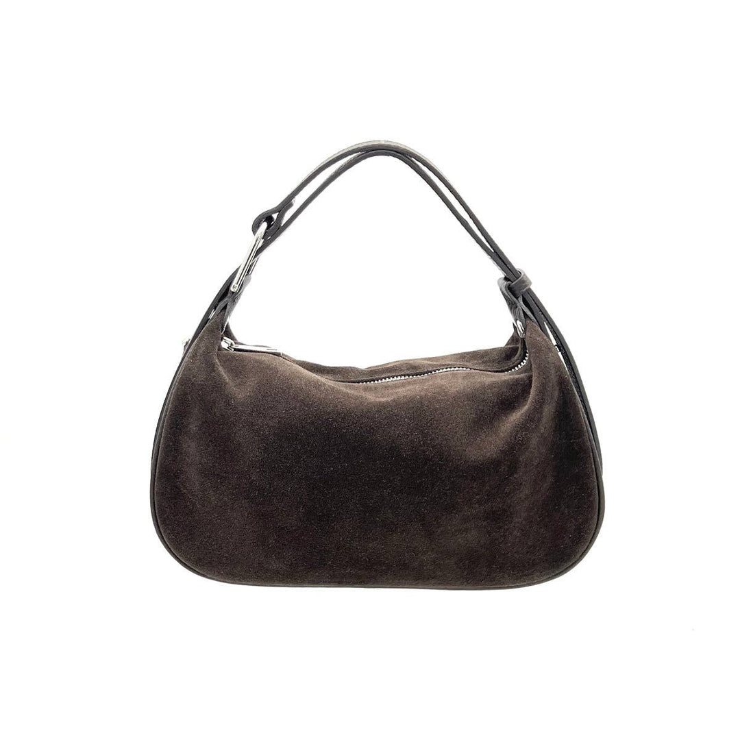 Brown suede handbag on a white background