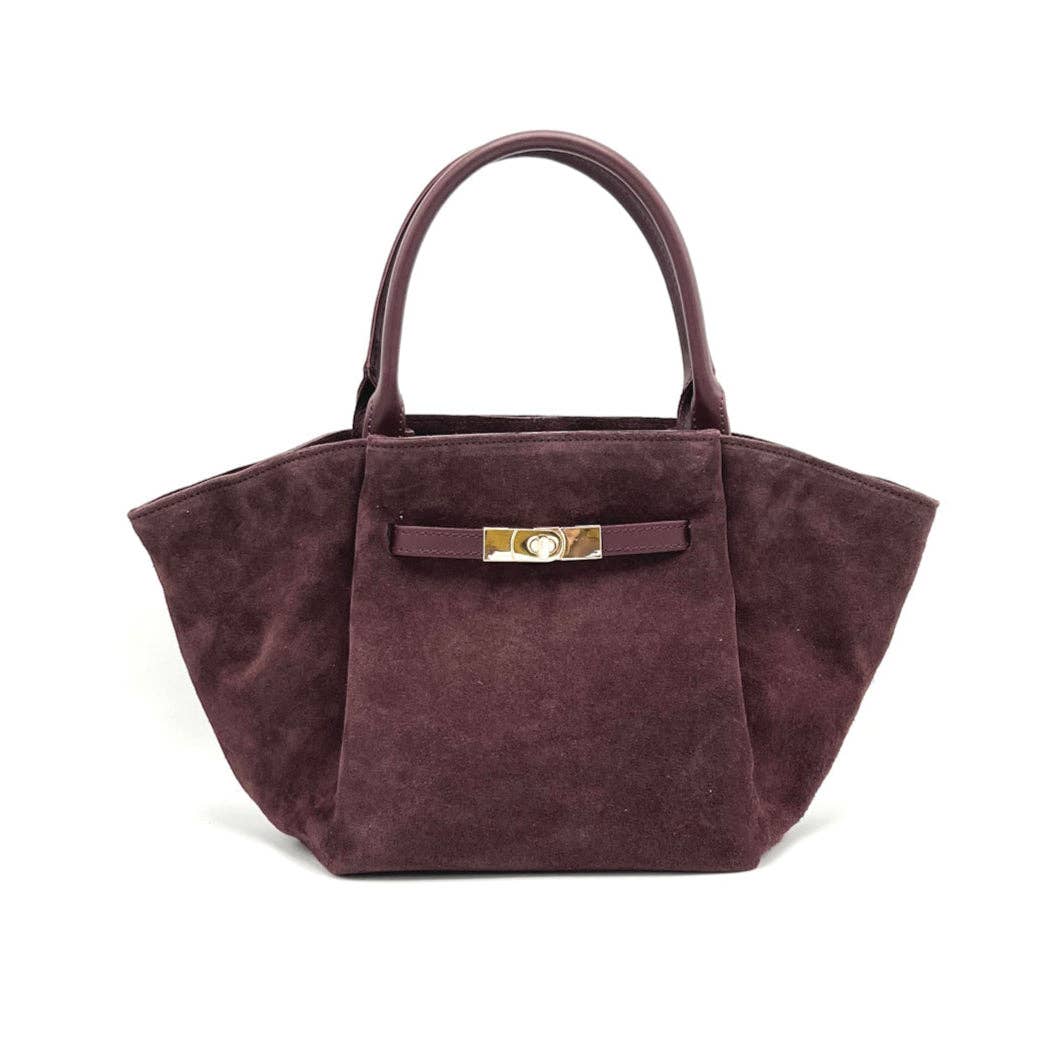 Purple handbag with a gold clasp on a white background