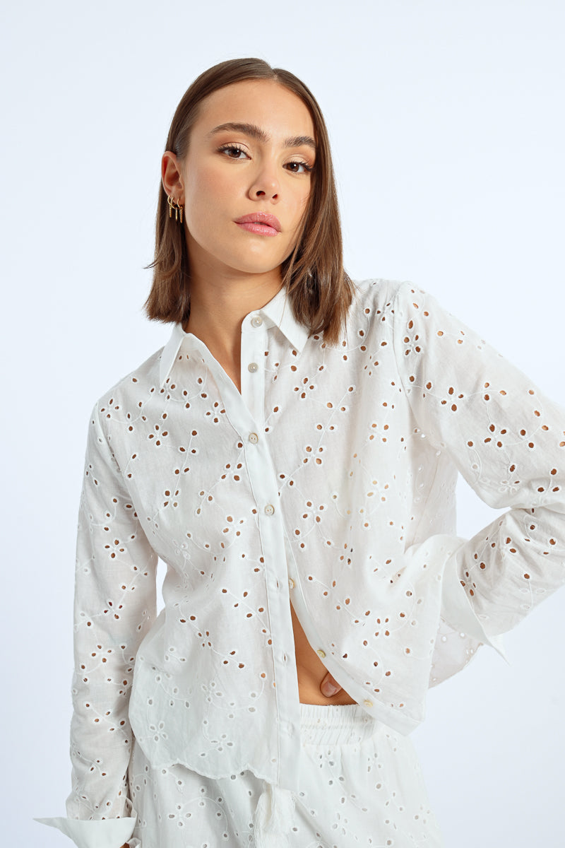 White Button Down Pointelle Top
