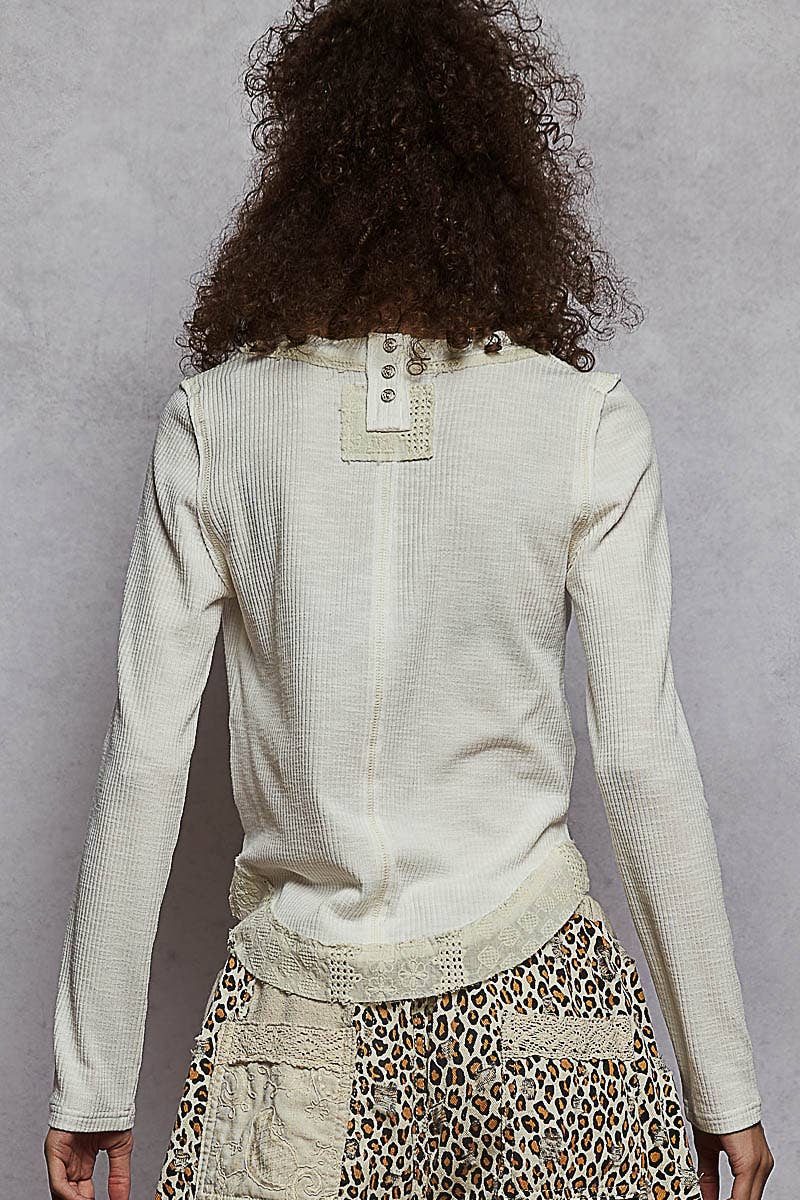 Long Sleeve Raw Edge Patch Rib Knit Top