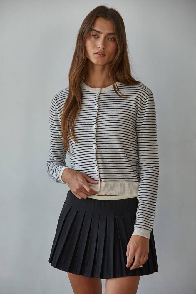 Knit Sweater Acrylic Striped Crew Neck Cardigan