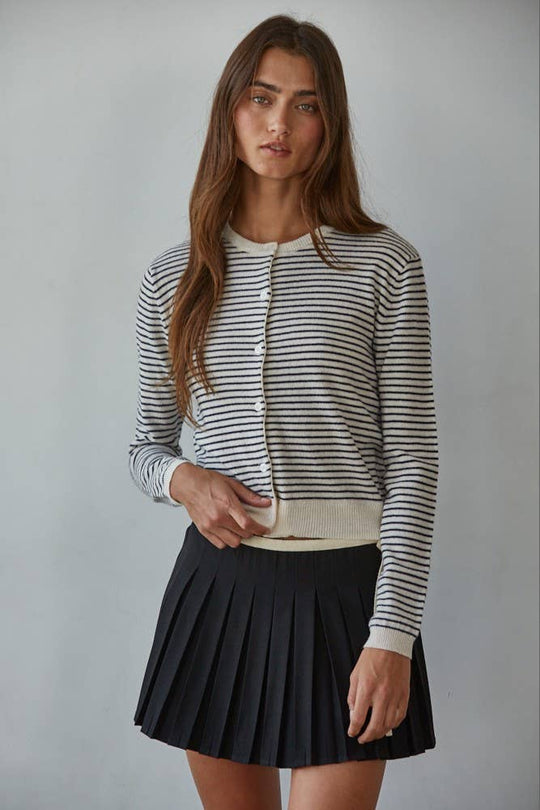 Knit Sweater Acrylic Striped Crew Neck Cardigan