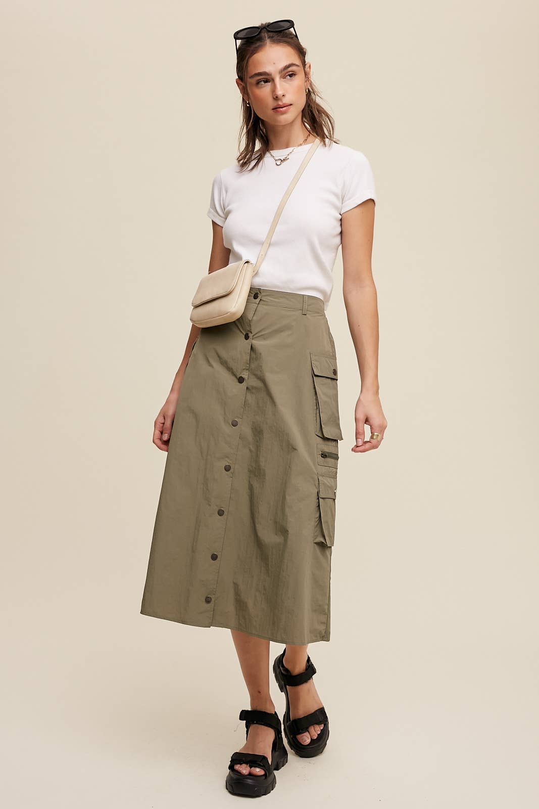 Parachute Button-Front Cargo Midi Skirt