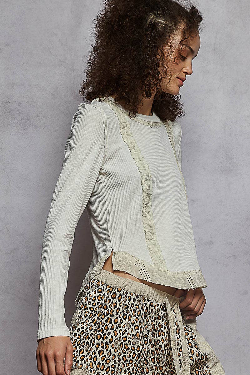 Long Sleeve Raw Edge Patch Rib Knit Top