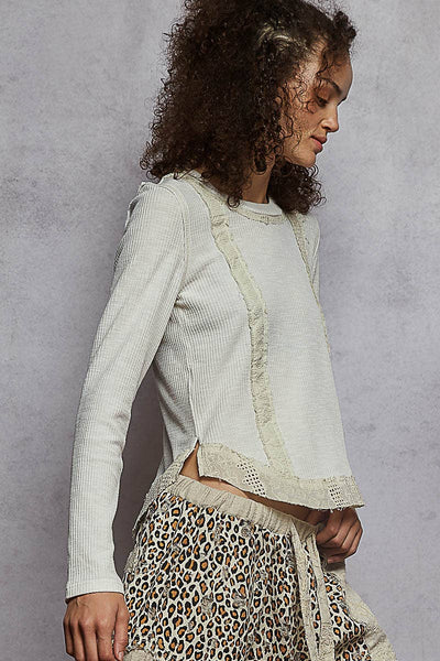 Long Sleeve Raw Edge Patch Rib Knit Top