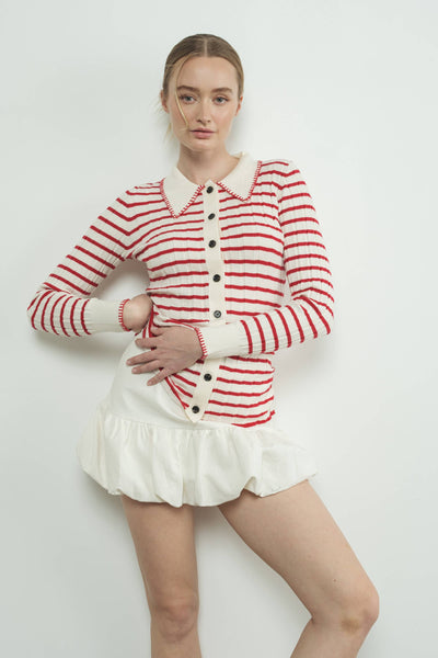 Striped Cardigan with Collar Stitching