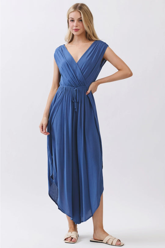Surplice Drop Shoulder Wide Leg Jumpsuit