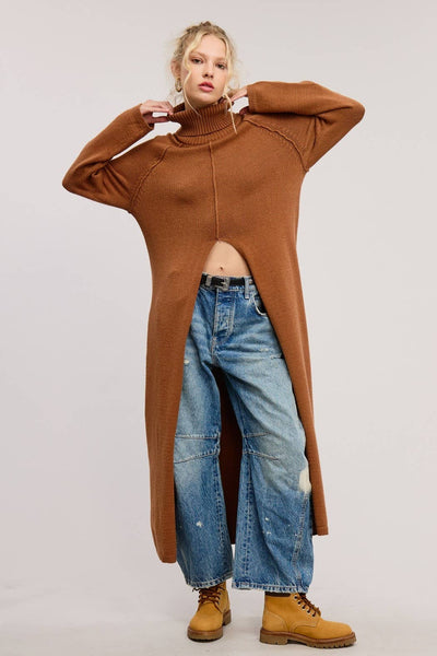 Ribbed Turtleneck Tunic Sweater Dress with Slit