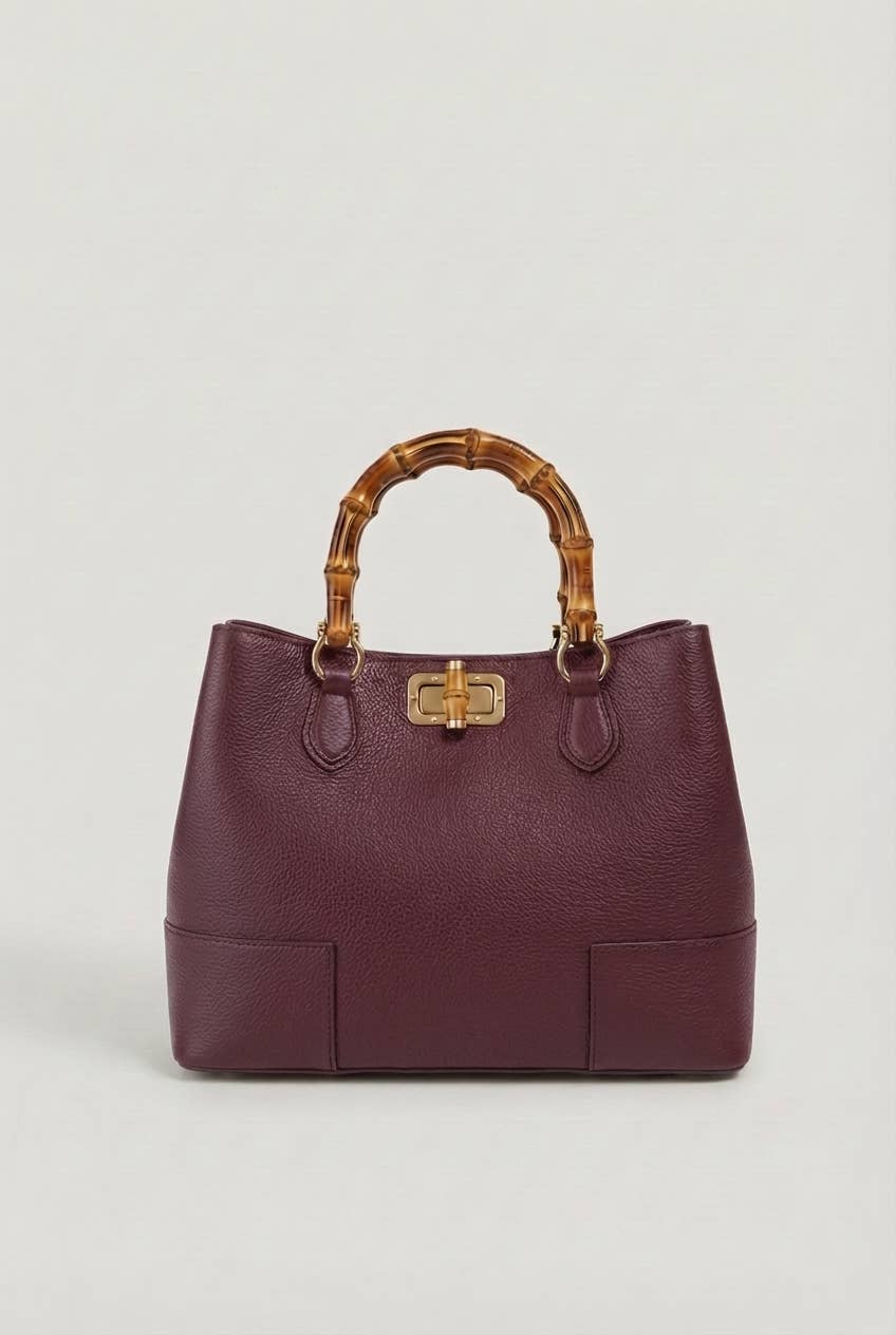 Genuine Burgundy Leather Bag with Natural Bamboo Handles