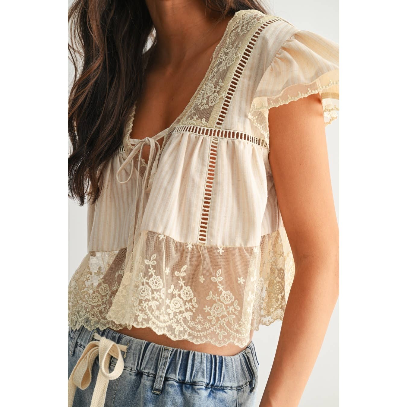 Lace Trimmed Tie Front Blouse