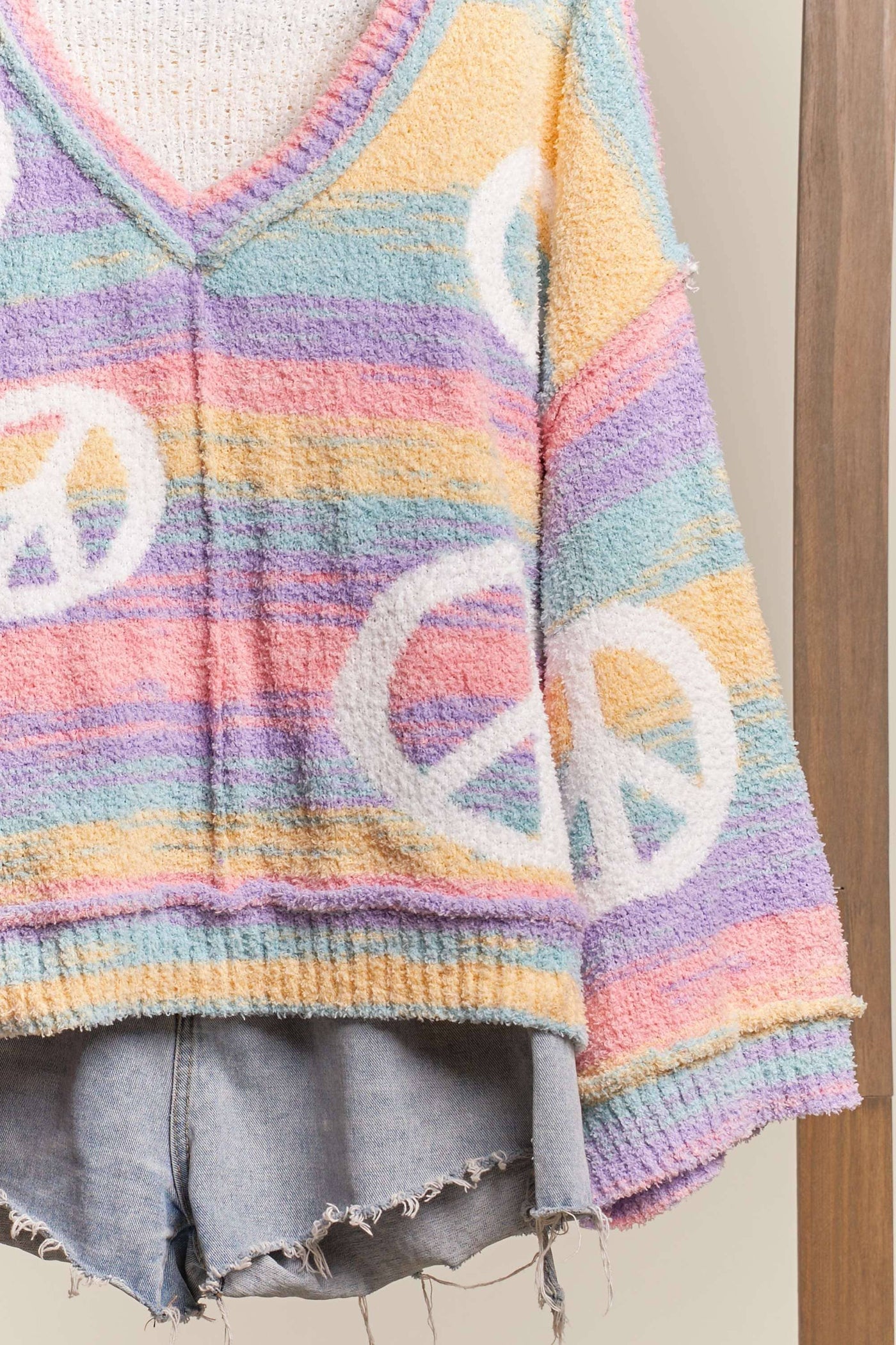 Pastel Rainbow Striped Peace Sign Sweater