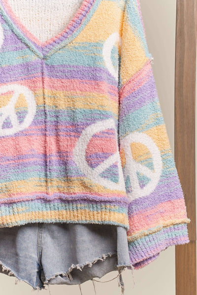 Pastel Rainbow Striped Peace Sign Sweater