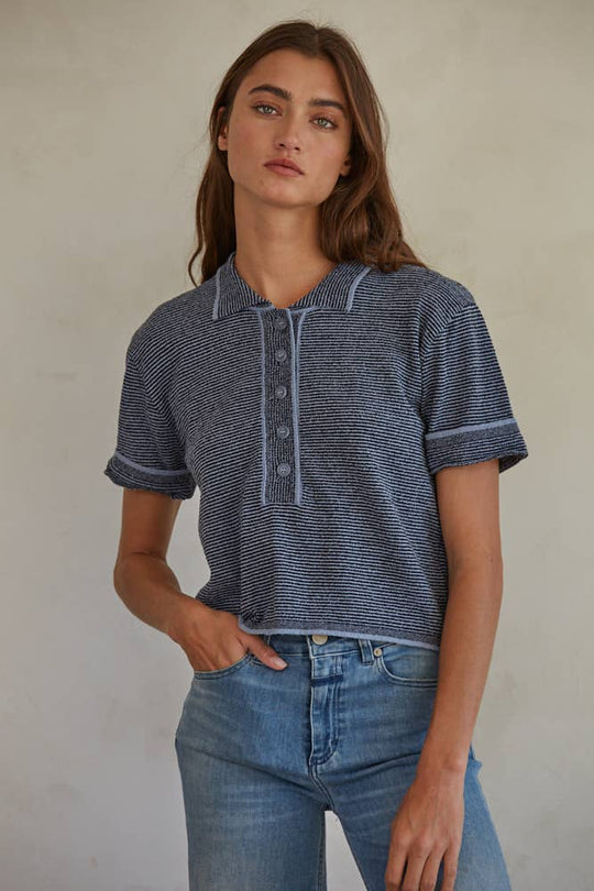 Knit Striped Half Button Collared Top