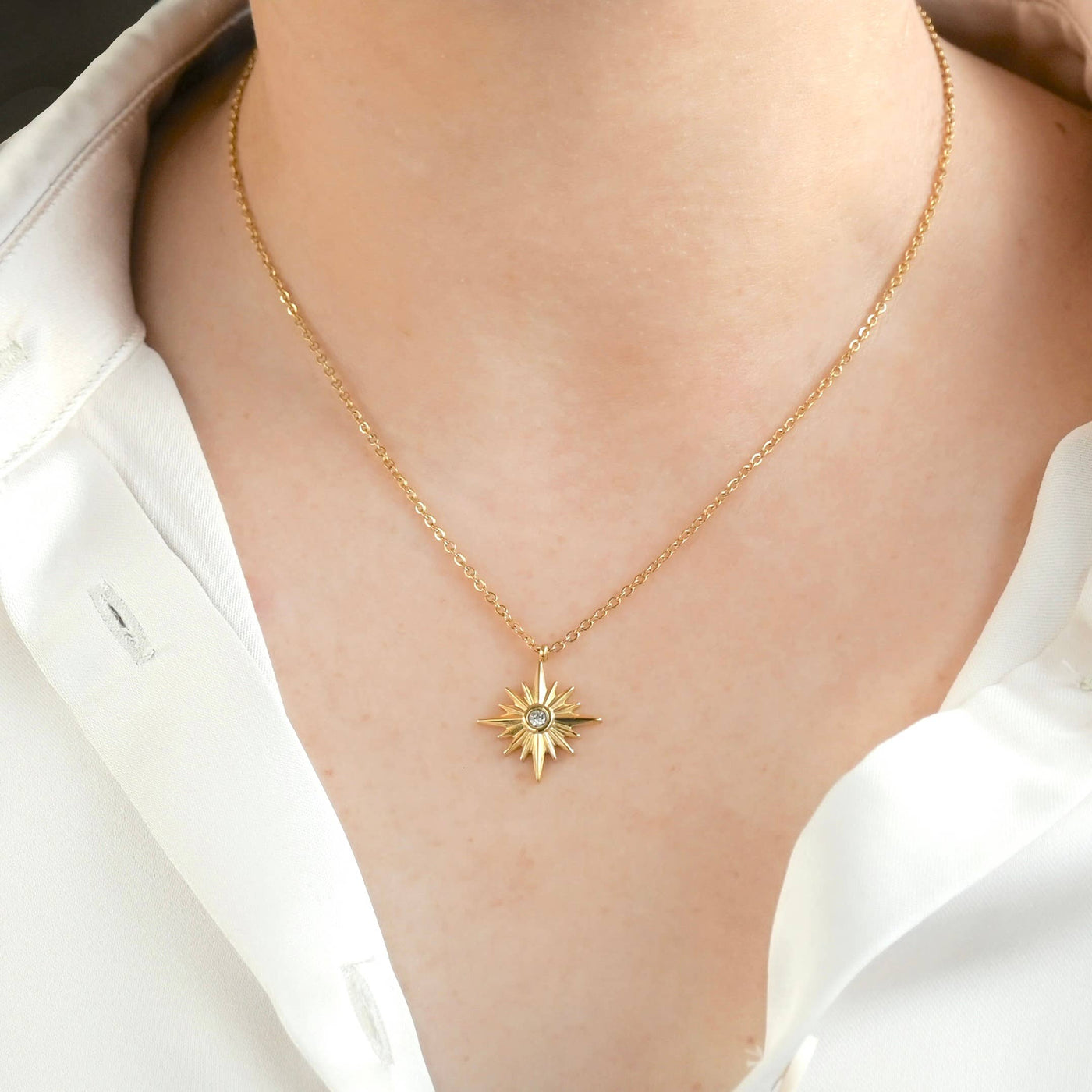 18k Gold Star Burst Necklace - Waterproof North Star Pendant