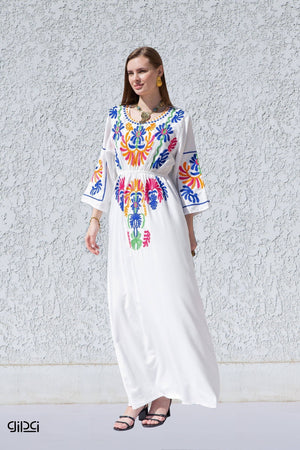 Gipci White Colorful Embroidered Cotton Caftan - Simple Good